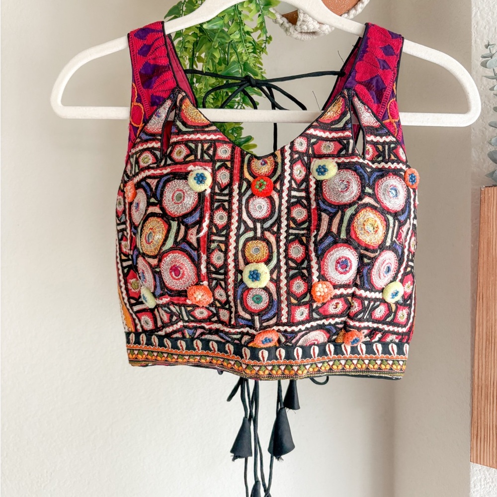 Pink and Black Embellished Sleeveless Crop Top